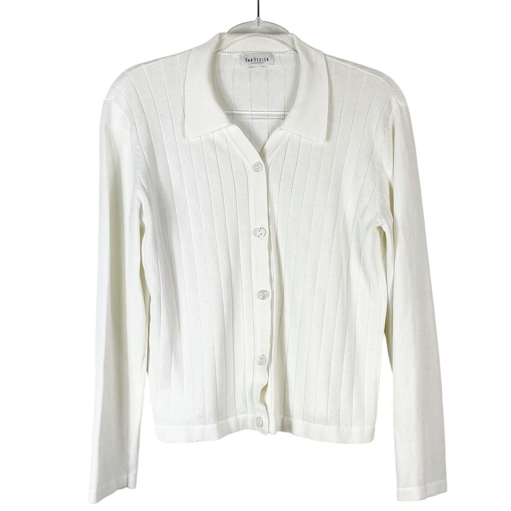 Vintage Van Heusen Women's White Ribbed Collared Button Shirt Top Size Medium